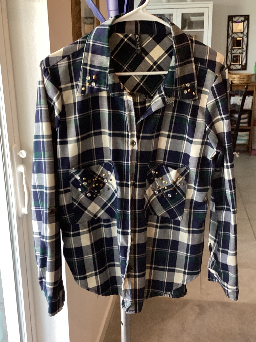 Studded Plaid Button-Up Blouse in Navy & White